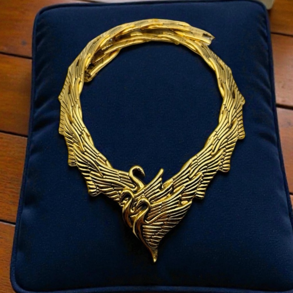 Vintage 80s Laurel Burch Swan Wing Gold Tone Choker Collar Necklace 16” - Picture 15 of 15